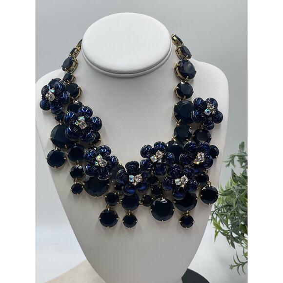 J. Crew Midnight Blue Glitter Floral Rhinestone Waterfall Statement Bib Necklace - Picture 16 of 16